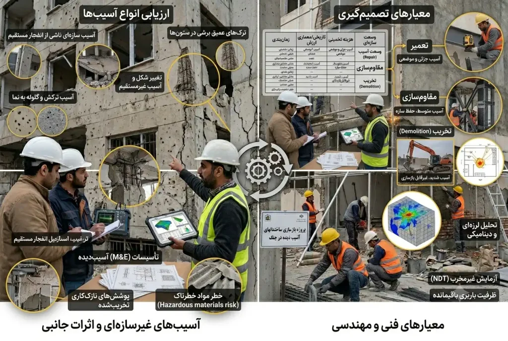 انواع آسیب‌های ساختمان پس از جنگ و معیارهای تصمیم‌گیری برای تعمیر، مقاوم‌سازی یا تخریب